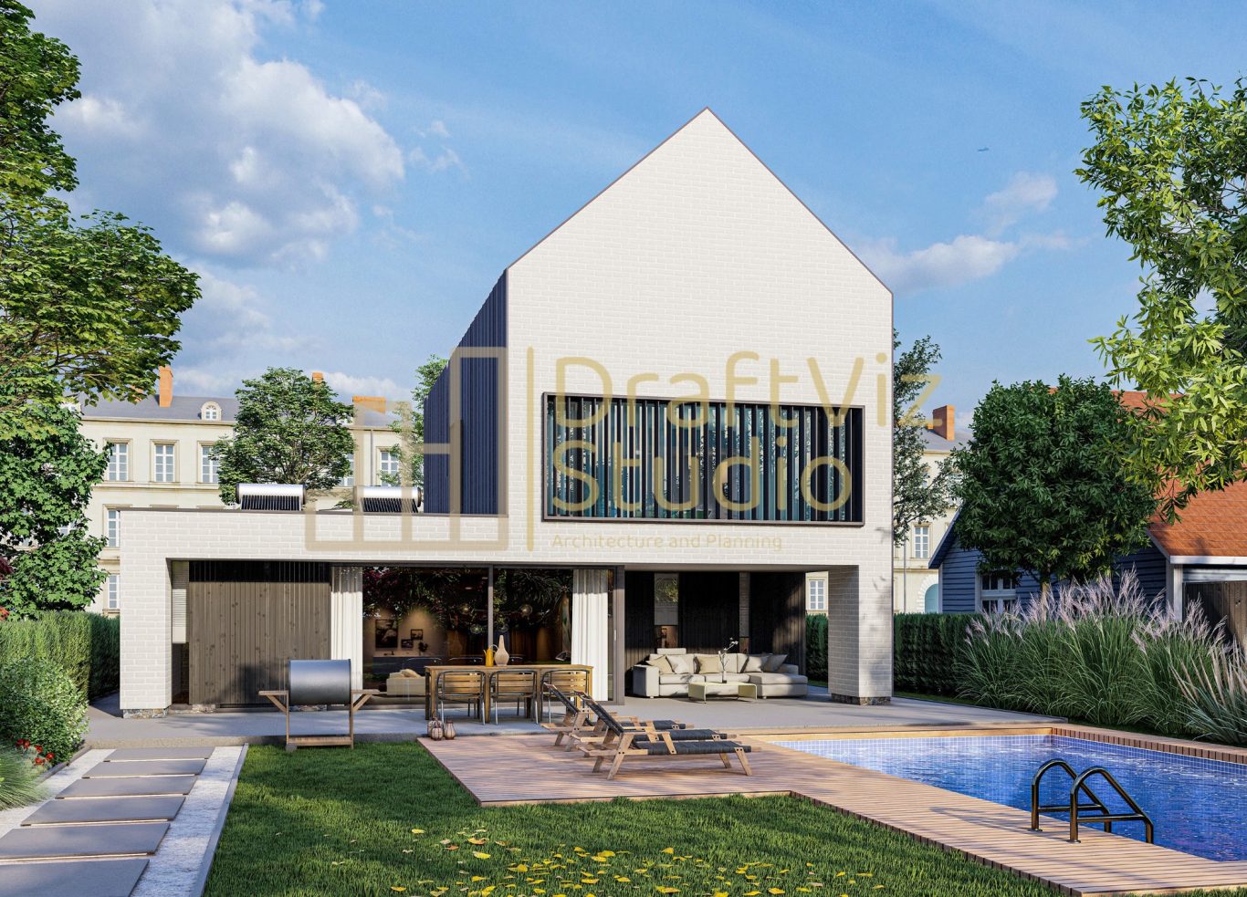 Garden View Modern house with large windows, patio, and swimming pool, surrounded by greenery.