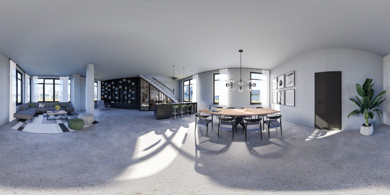 Livingroom 360° View Modern open-plan living area with a dining table, plants, and large windows.