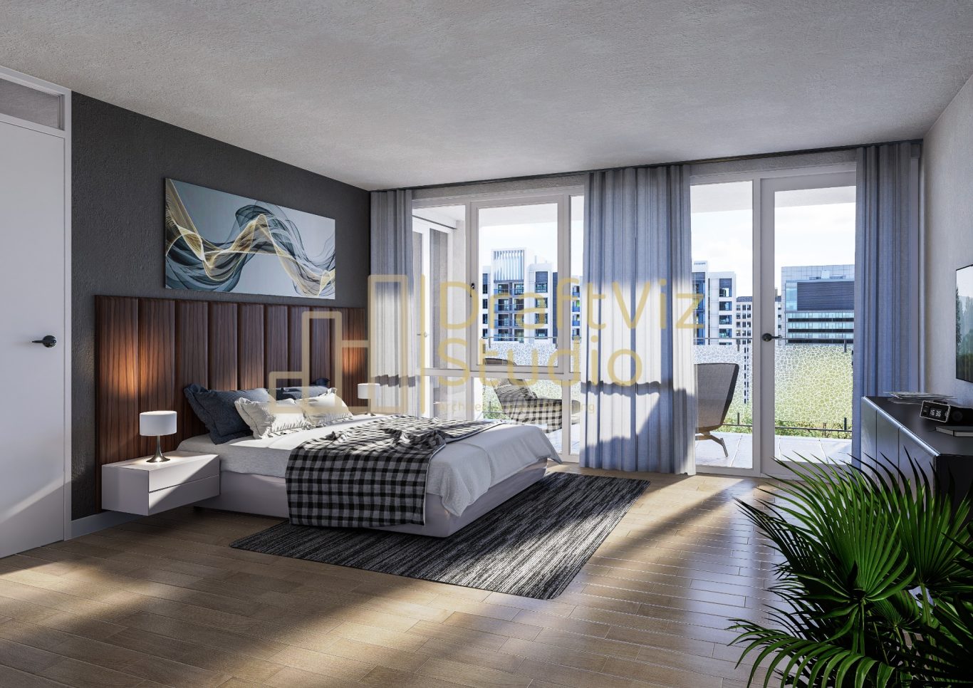 Bedroom Modern bedroom with large windows, a double bed, and contemporary furnishings.