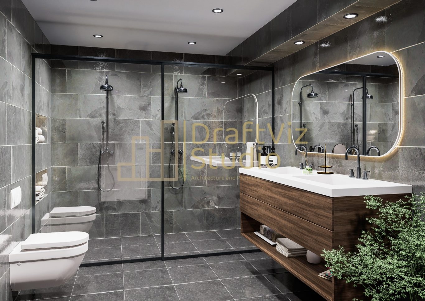 Bathroom Modern bathroom featuring a glass shower, wooden vanity, and grey tiled walls.