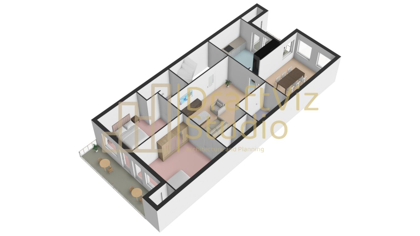3D Floorplan-Northwest 3D floor plan of an apartment featuring living room, kitchen, and two bedrooms.