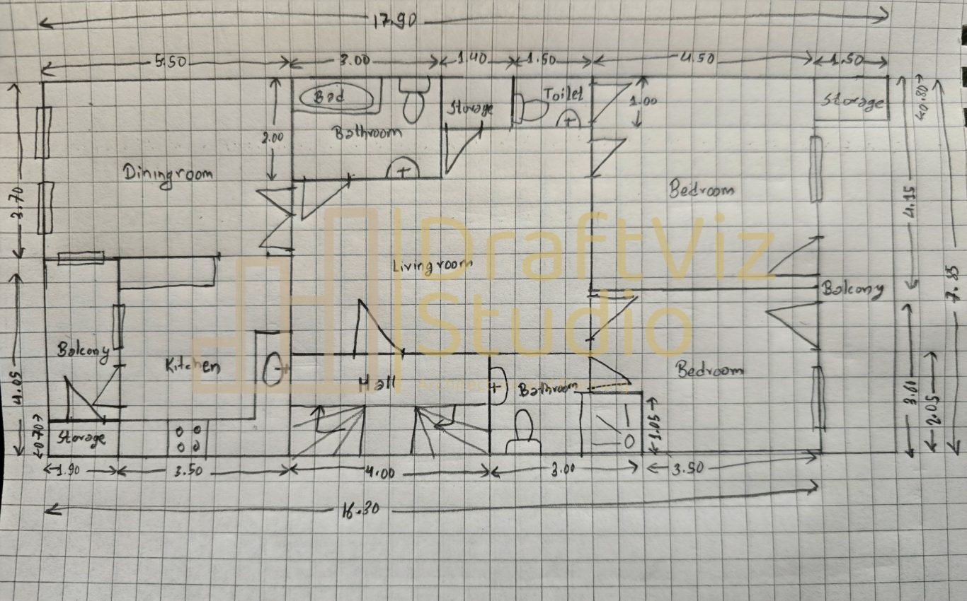 Sketch Blueprint of a single-storey house with labelled rooms and dimensions.