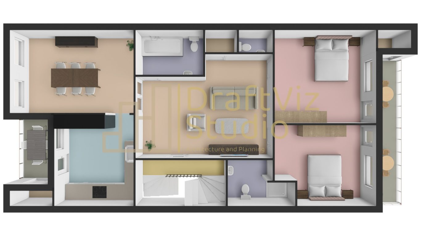 3D Floorplan-Top View Layout of a modern flat featuring two bedrooms, a living area, and a kitchen.