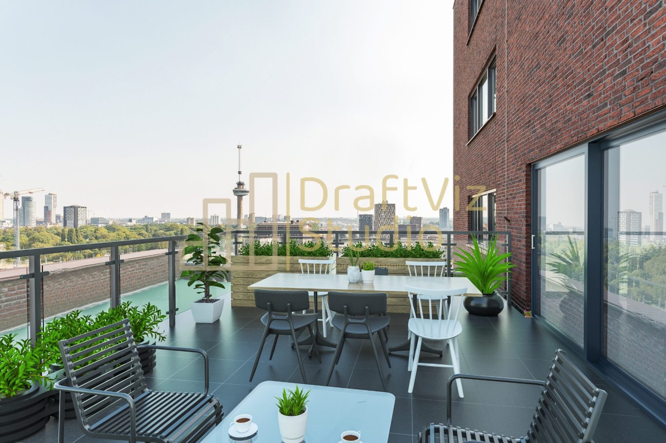 Terrace-Virtual Staging Rooftop terrace with outdoor dining table, chairs, and greenery, overlooking a city skyline.