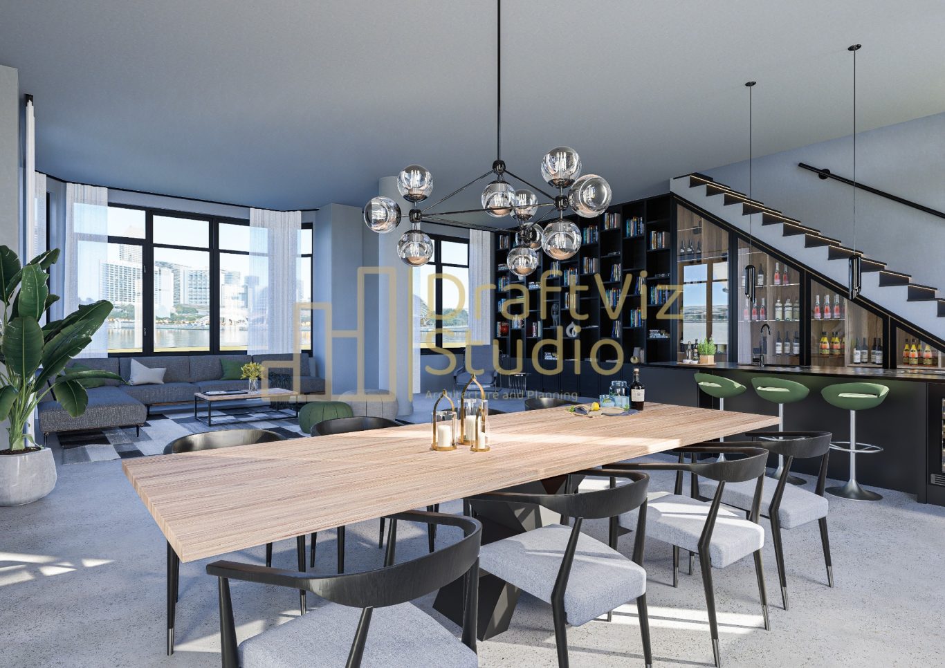 Livingroom Modern dining area featuring a large wooden table, stylish chairs, and contemporary decor.