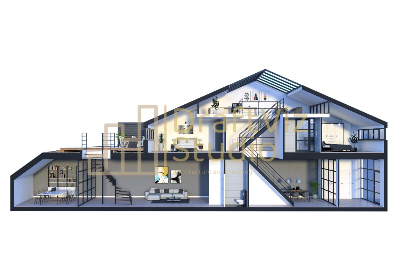 Dollhouse Cutaway illustration of a modern house showing interior rooms and layout.