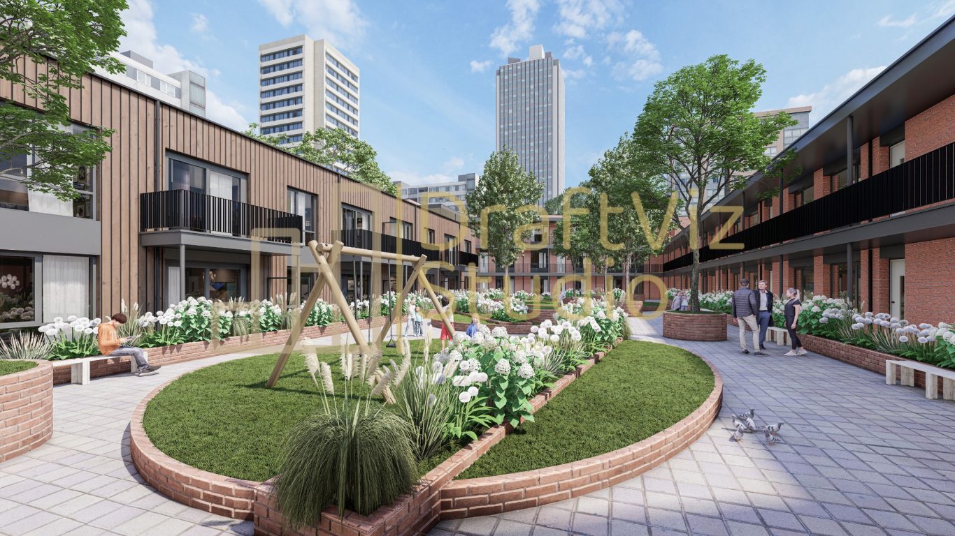 Courtyard Bright courtyard with lush flowers, greenery, and modern buildings in the background.