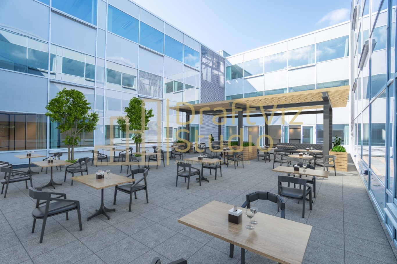 Courtyard-Virtual Staging Outdoor café area with tables, chairs, and greenery in a modern building setting.