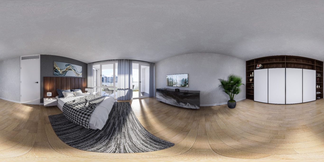 Bedroom 360° View Modern living room with large windows, a stylish bed, and contemporary furnishings.