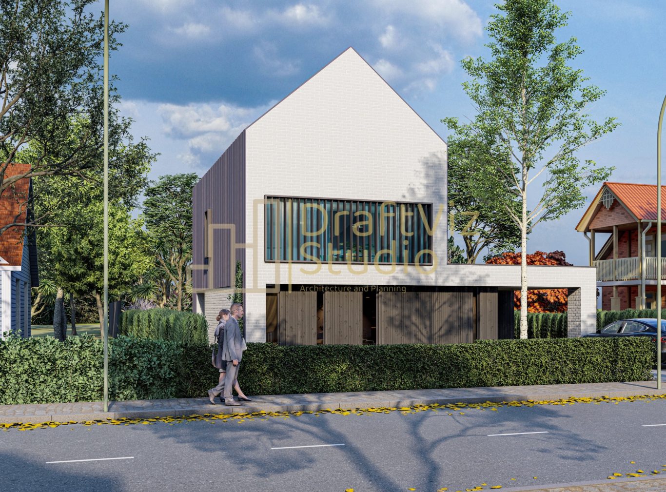 Street View Modern two-storey house with large windows, surrounded by greenery and a pathway.