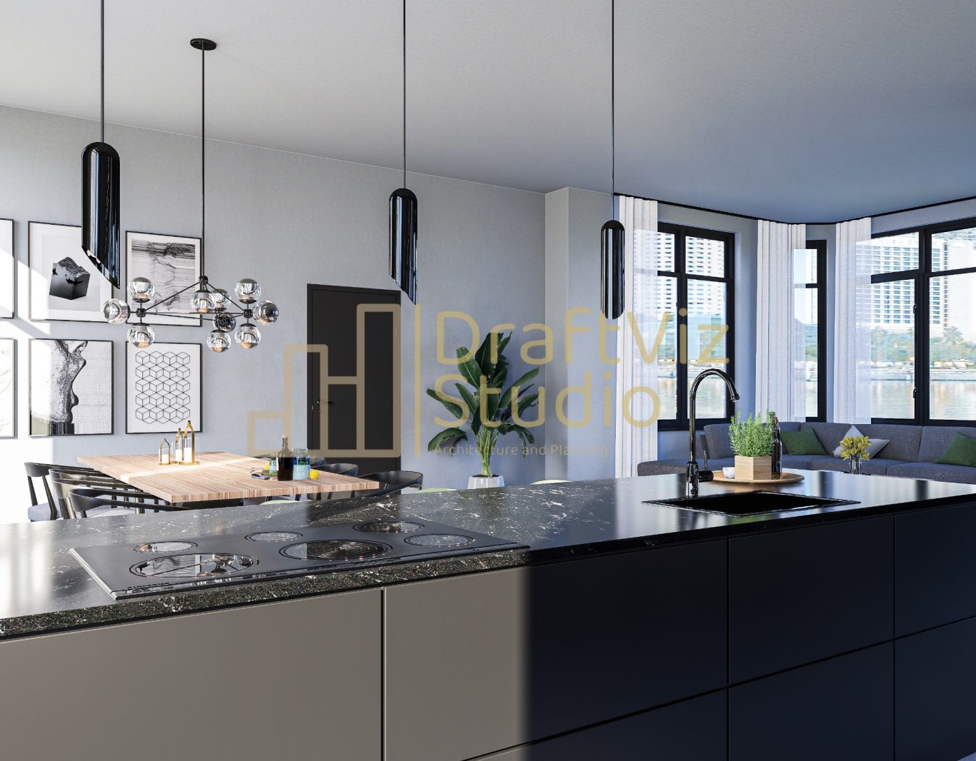 Kitchen Modern kitchen with sleek countertops, island, pendant lights, and large windows.