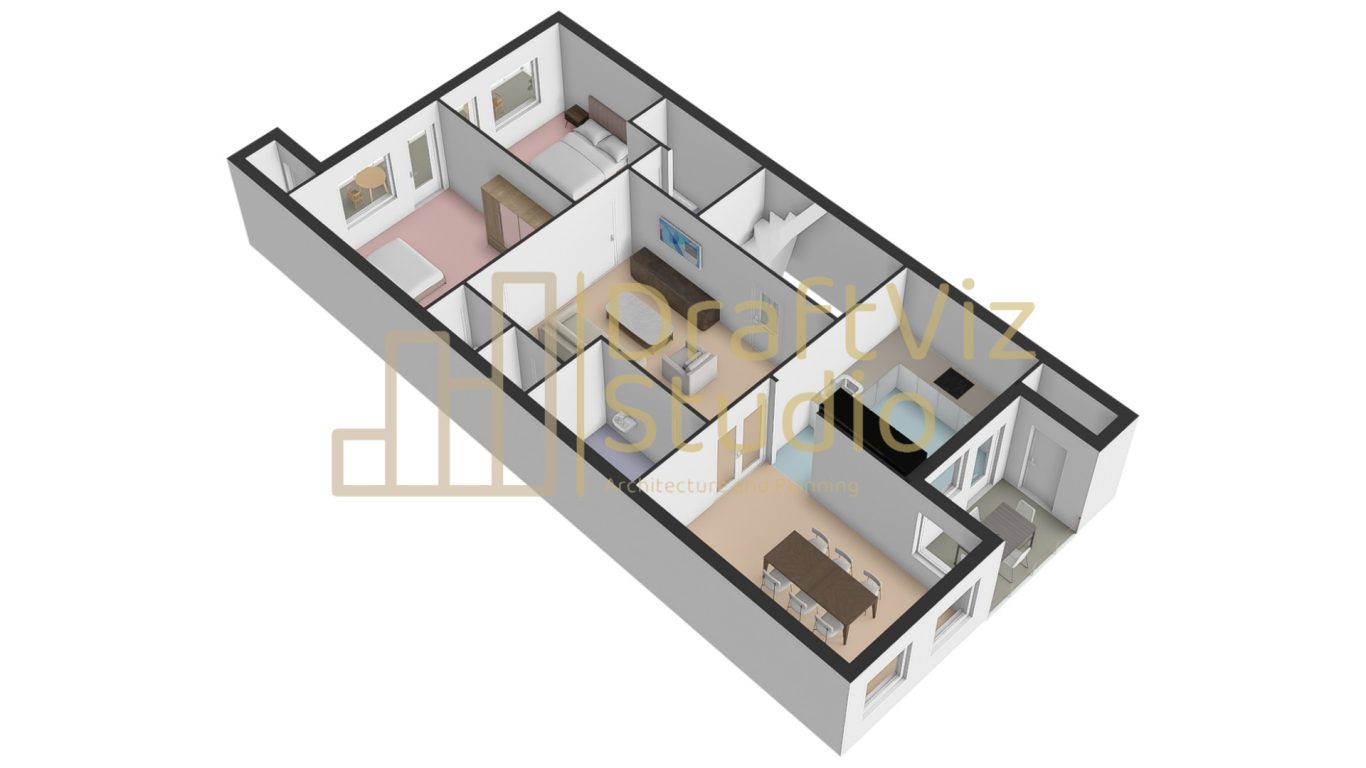 3D Floorplan-Northeast 3D floor plan of a small apartment with two bedrooms, a living area, and a kitchen.